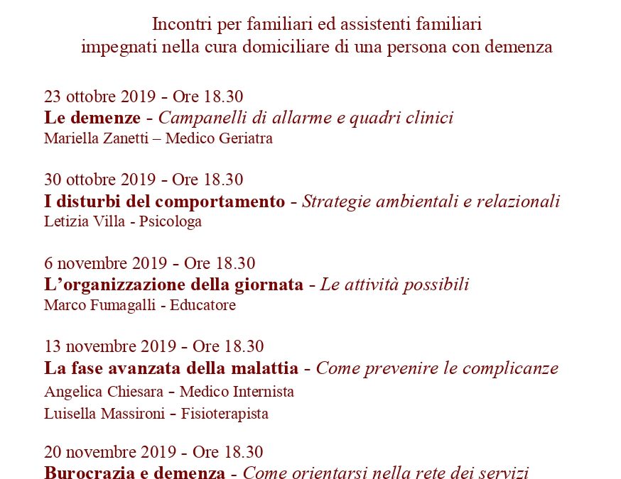 Progetto Incontro a Te: al via gli incontri per parenti e care giver